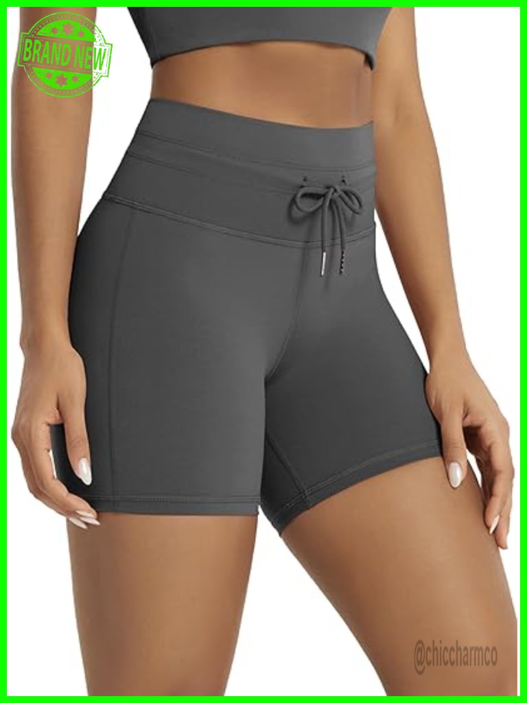 High Waist Drawstring 5" Inseam Workout Biker Shorts 4-Way Stretch